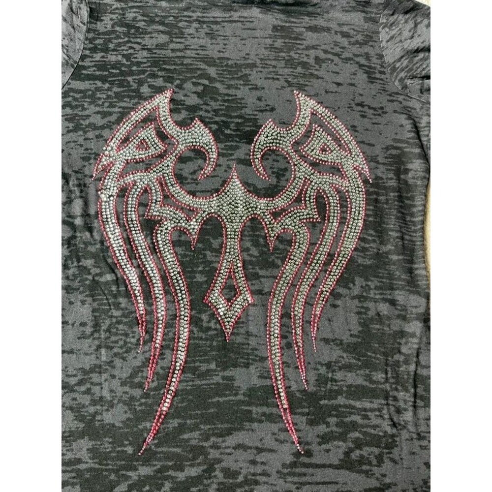 Vintage 2000s Next Level Rhinestone Cross Wing Grey Tshirt Womens Medium - Picture 2 of 8
